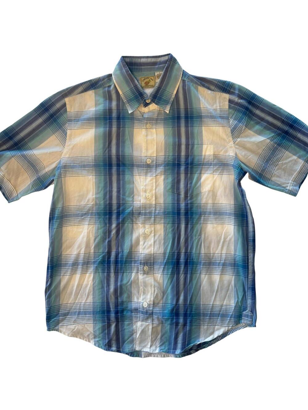 Vintage Cabana Joe Mens L Blue Plaid Short Sleeve Button Front Shirt Pocket